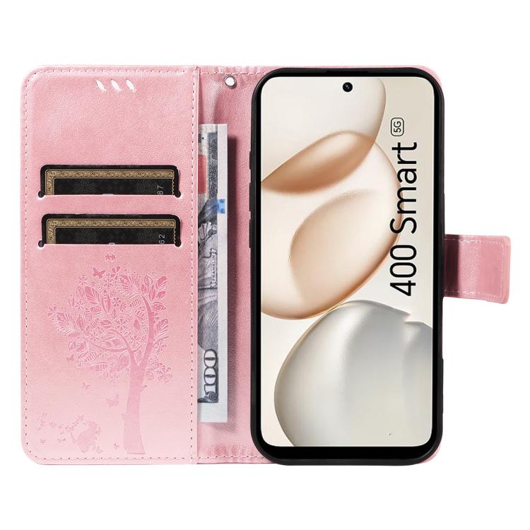 For Honor 400 Smart 5G Tree & Cat Embossed Pattern Flip Leather Phone Case