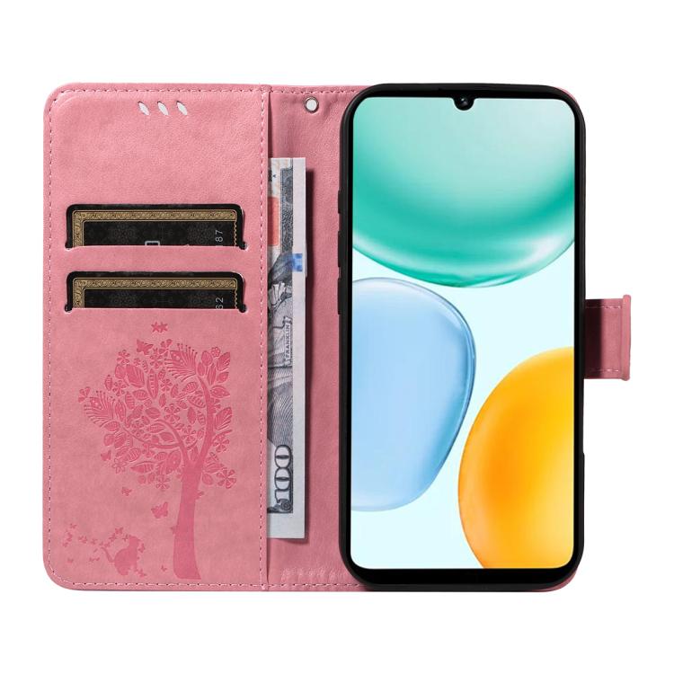 For Honor X5c Plus Tree & Cat Embossed Pattern Flip Leather Phone Case