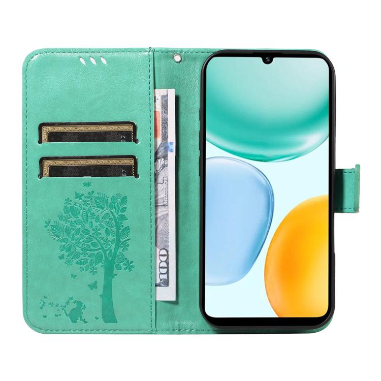 For Honor X5c Plus Tree & Cat Embossed Pattern Flip Leather Phone Case