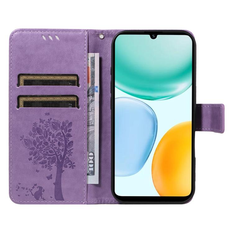 For Honor X5c Plus Tree & Cat Embossed Pattern Flip Leather Phone Case