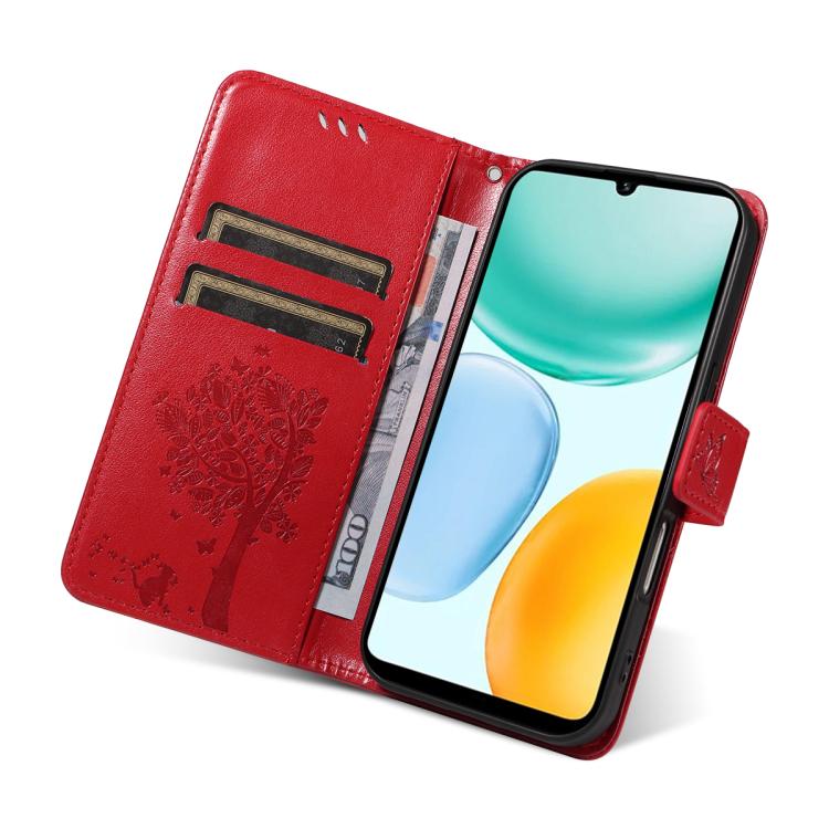For Honor X5c Plus Tree & Cat Embossed Pattern Flip Leather Phone Case