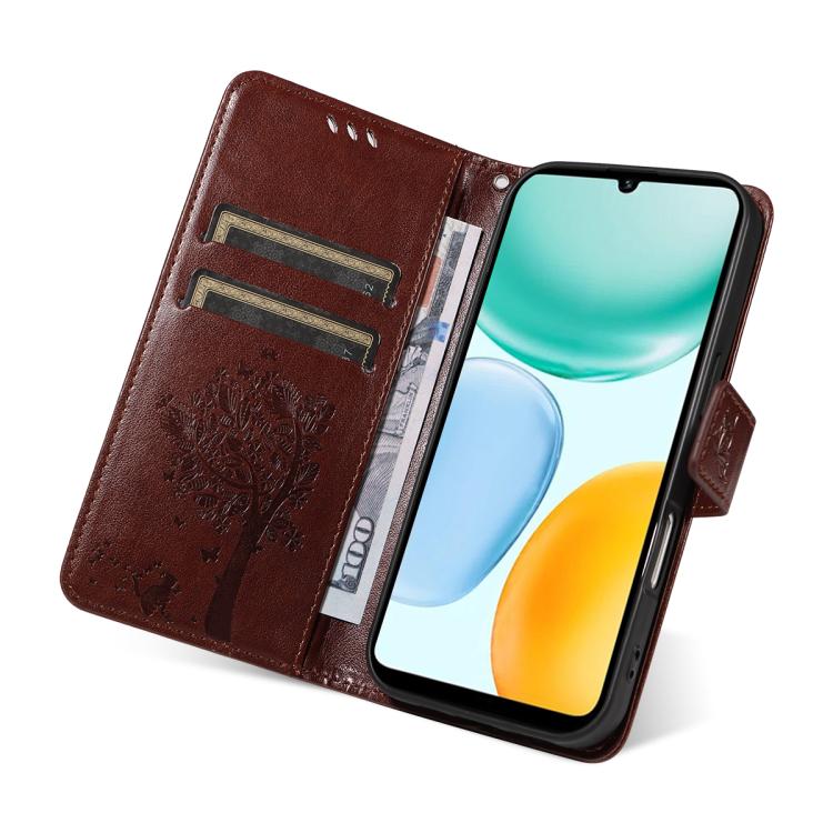 For Honor X5c Plus Tree & Cat Embossed Pattern Flip Leather Phone Case