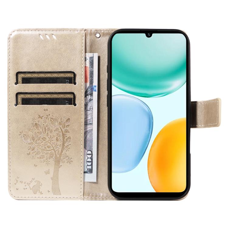 For Honor X5c Plus Tree & Cat Embossed Pattern Flip Leather Phone Case