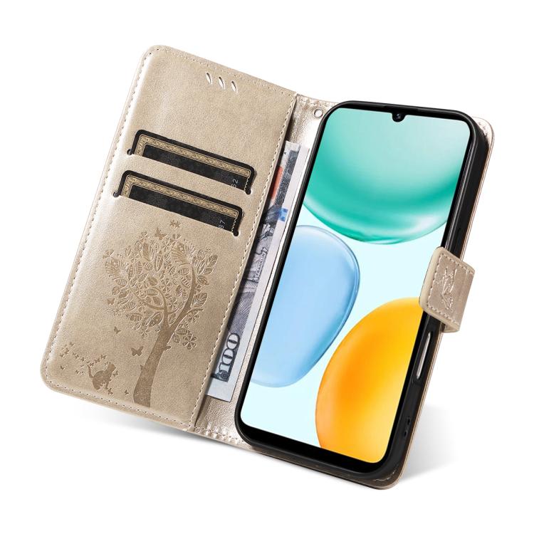 For Honor X5c Plus Tree & Cat Embossed Pattern Flip Leather Phone Case