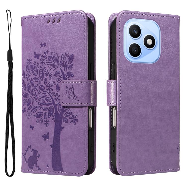 For Honor X8d 4G Global Tree & Cat Embossed Pattern Flip Leather Phone Case