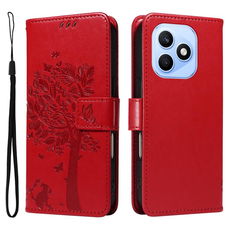 For Honor X8d 4G Global Tree & Cat Embossed Pattern Flip Leather Phone Case