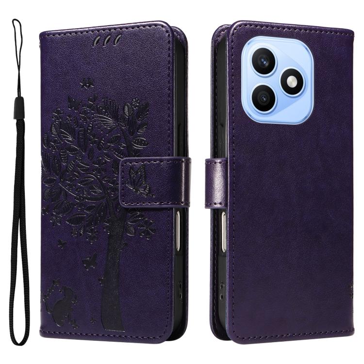 For Honor X8d 4G Global Tree & Cat Embossed Pattern Flip Leather Phone Case