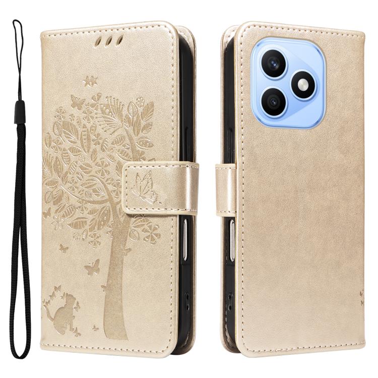 For Honor X8d 4G Global Tree & Cat Embossed Pattern Flip Leather Phone Case