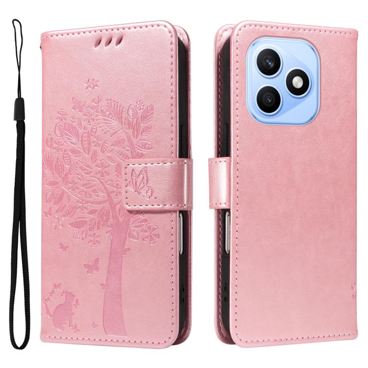For Honor X8d 4G Global Tree & Cat Embossed Pattern Flip Leather Phone Case