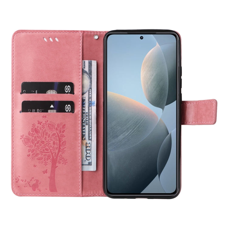 For Xiaomi 14T Tree & Cat Embossed Pattern Flip Leather Phone Case