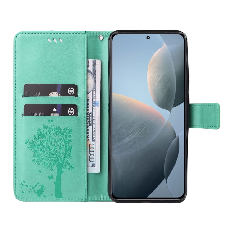 For Xiaomi 14T Tree & Cat Embossed Pattern Flip Leather Phone Case