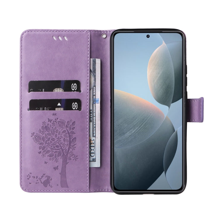 For Xiaomi 14T Tree & Cat Embossed Pattern Flip Leather Phone Case