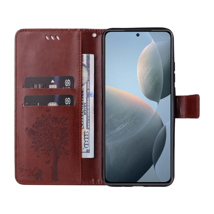 For Xiaomi 14T Tree & Cat Embossed Pattern Flip Leather Phone Case