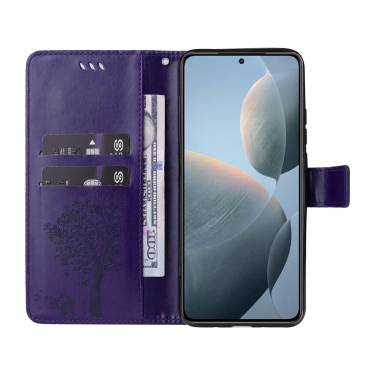 For Xiaomi 14T Tree & Cat Embossed Pattern Flip Leather Phone Case
