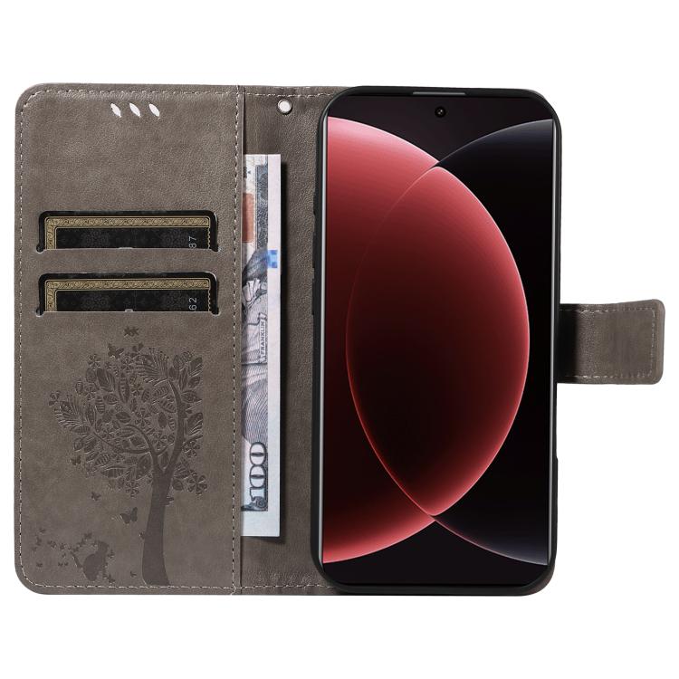 For Xiaomi 15 Ultra 5G Global Tree & Cat Embossed Pattern Flip Leather Phone Case
