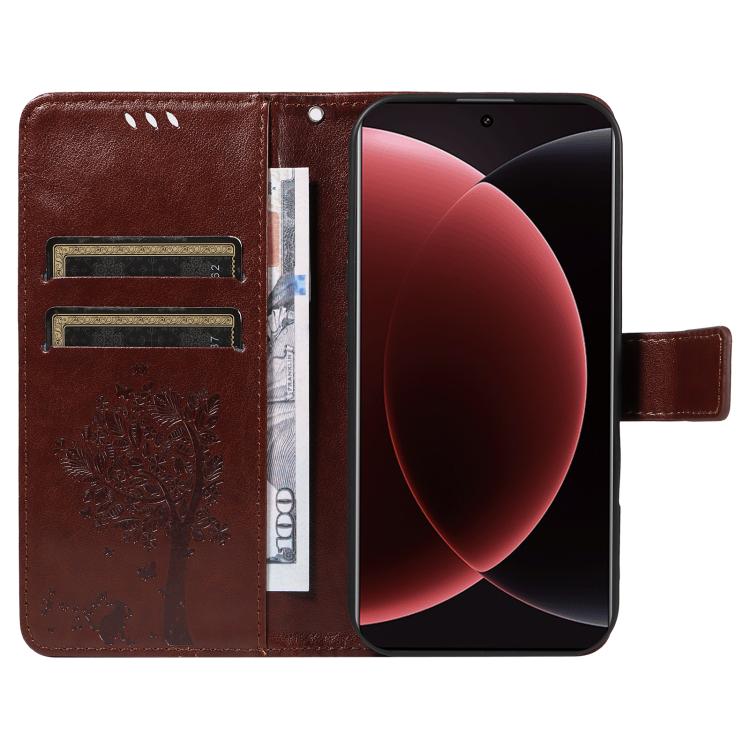For Xiaomi 15 Ultra 5G Global Tree & Cat Embossed Pattern Flip Leather Phone Case