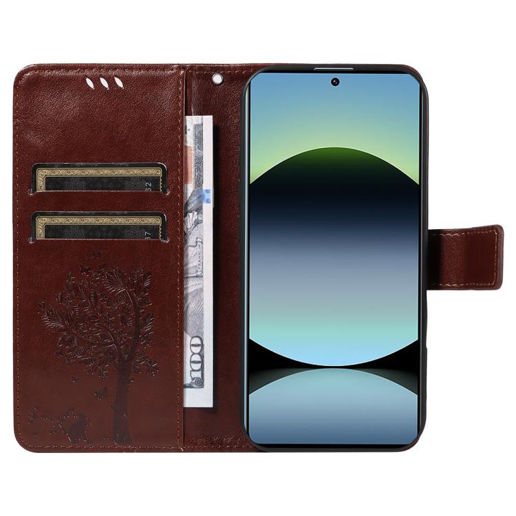 For Xiaomi Poco M6 Pro 4G Global Tree & Cat Embossed Pattern Flip Leather Phone Case