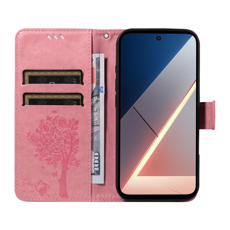 For Xiaomi Poco M7 4G 169mm Tree & Cat Embossed Pattern Flip Leather Phone Case