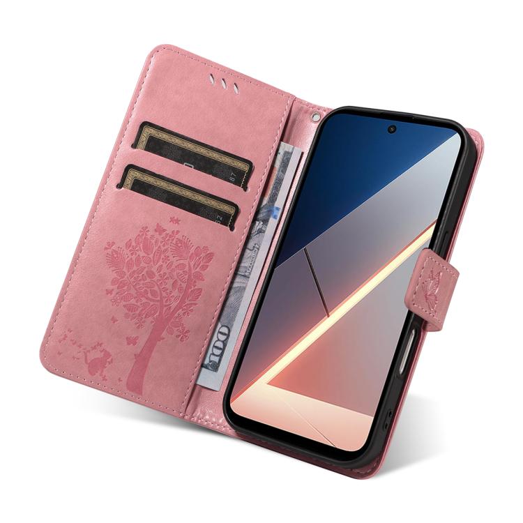 For Xiaomi Poco M7 4G 169mm Tree & Cat Embossed Pattern Flip Leather Phone Case