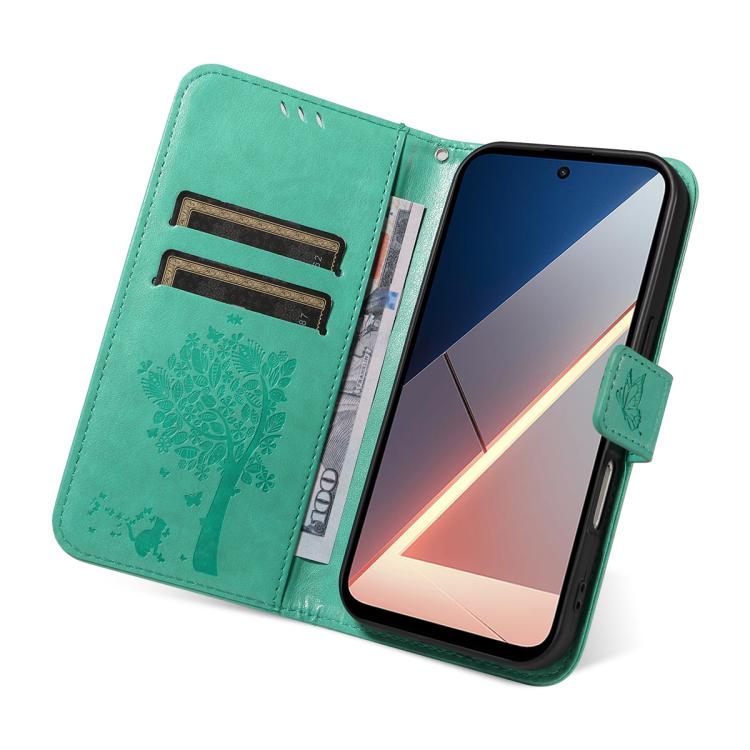 For Xiaomi Poco M7 4G 169mm Tree & Cat Embossed Pattern Flip Leather Phone Case