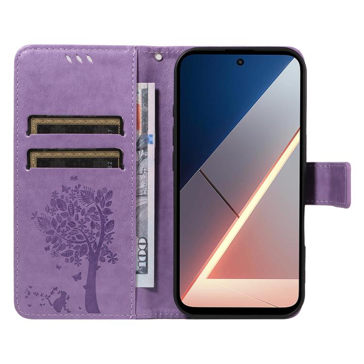For Xiaomi Poco M7 4G 169mm Tree & Cat Embossed Pattern Flip Leather Phone Case