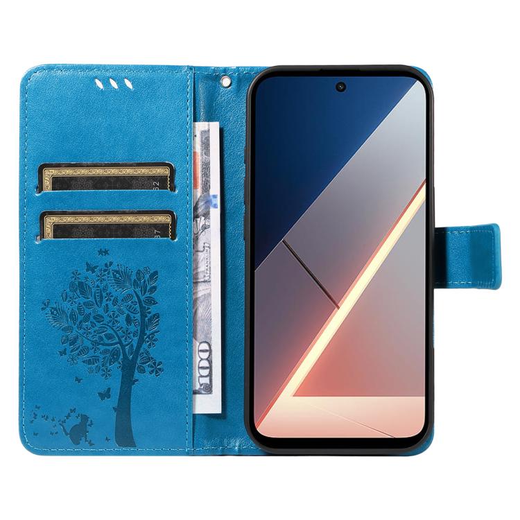 For Xiaomi Poco M7 4G 169mm Tree & Cat Embossed Pattern Flip Leather Phone Case