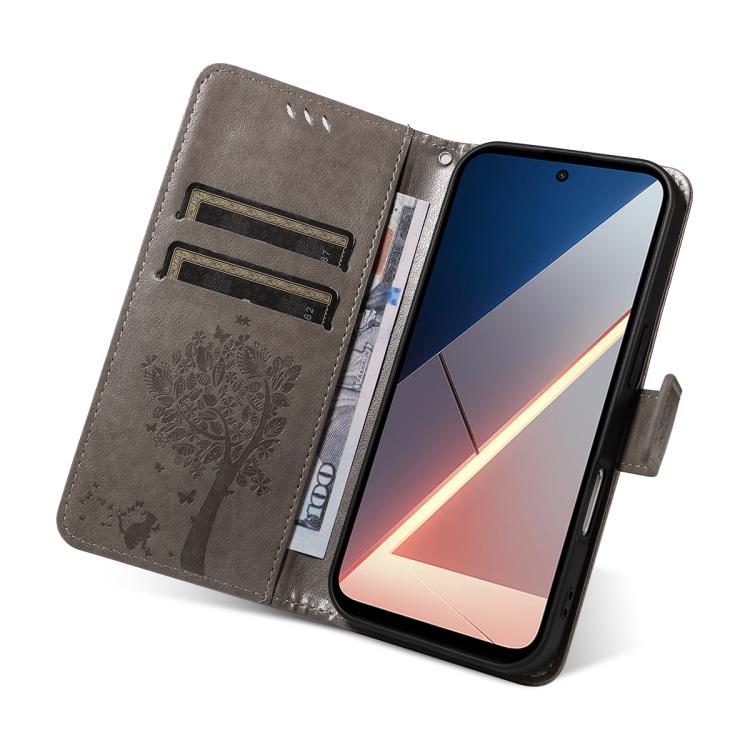For Xiaomi Poco M7 4G 169mm Tree & Cat Embossed Pattern Flip Leather Phone Case