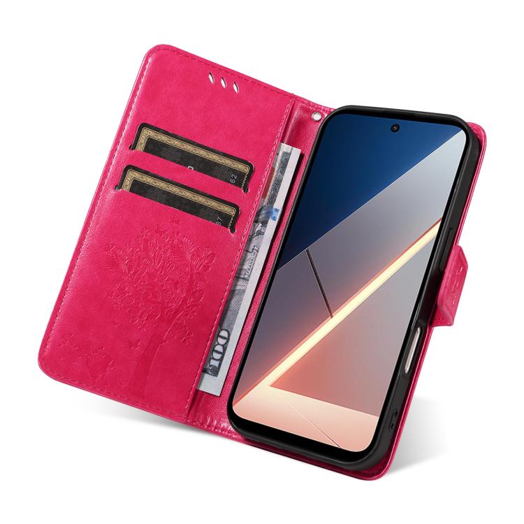 For Xiaomi Poco M7 4G 169mm Tree & Cat Embossed Pattern Flip Leather Phone Case