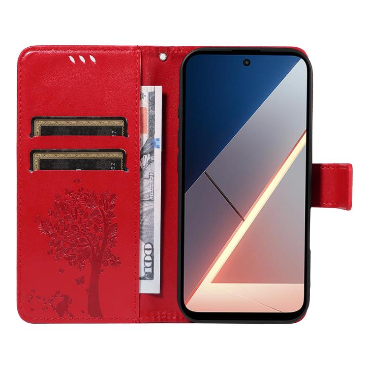 For Xiaomi Poco M7 4G 169mm Tree & Cat Embossed Pattern Flip Leather Phone Case