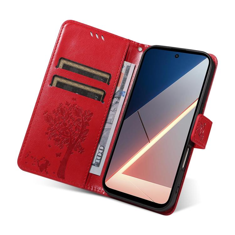 For Xiaomi Poco M7 4G 169mm Tree & Cat Embossed Pattern Flip Leather Phone Case