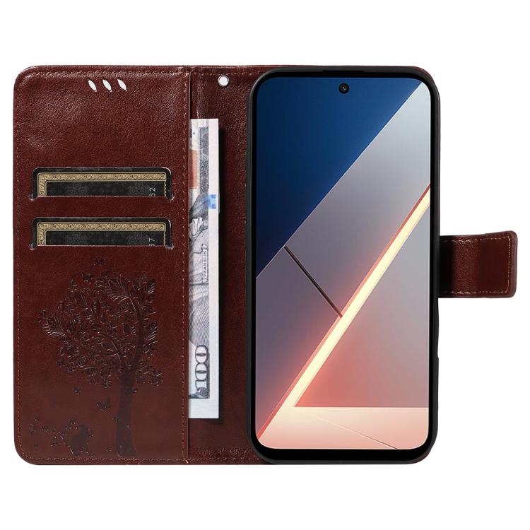 For Xiaomi Poco M7 4G 169mm Tree & Cat Embossed Pattern Flip Leather Phone Case