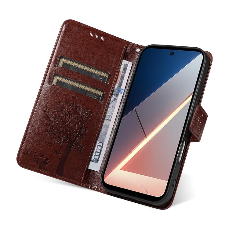 For Xiaomi Poco M7 4G 169mm Tree & Cat Embossed Pattern Flip Leather Phone Case