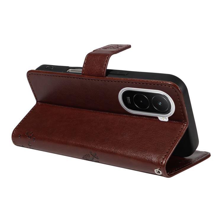 For Xiaomi Poco M7 4G 169mm Tree & Cat Embossed Pattern Flip Leather Phone Case