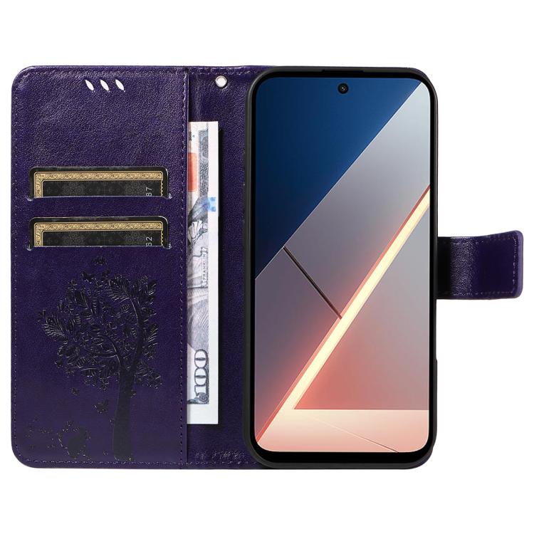 For Xiaomi Poco M7 4G 169mm Tree & Cat Embossed Pattern Flip Leather Phone Case