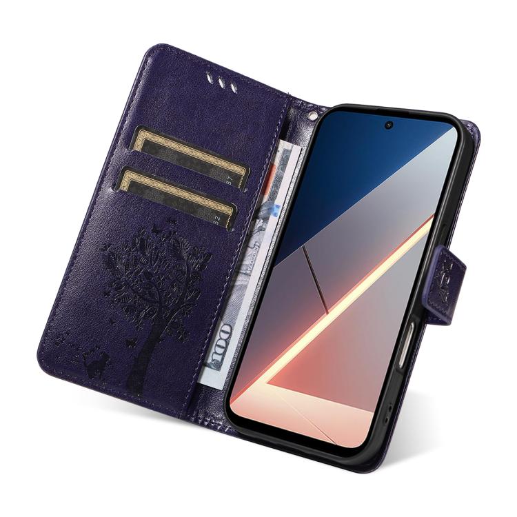 For Xiaomi Poco M7 4G 169mm Tree & Cat Embossed Pattern Flip Leather Phone Case