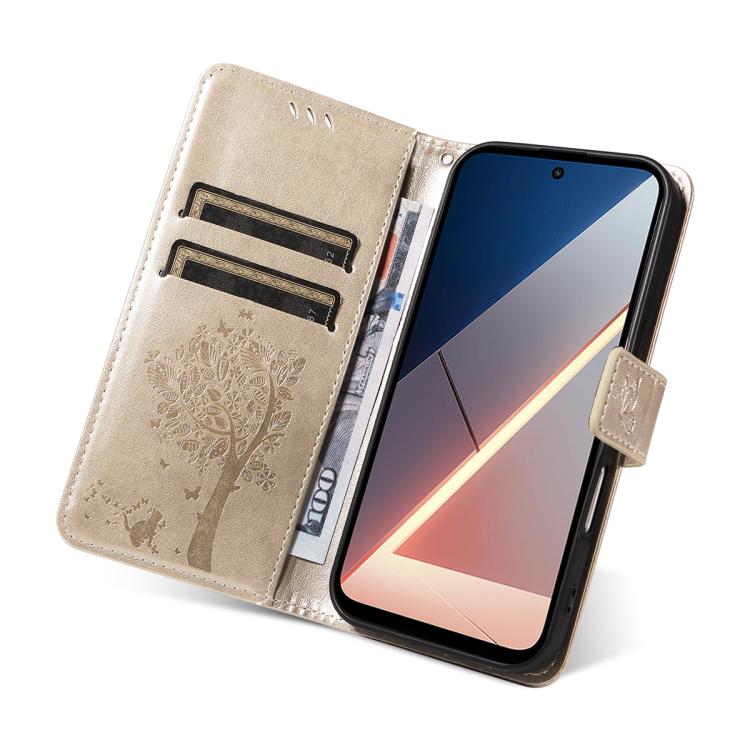 For Xiaomi Poco M7 4G 169mm Tree & Cat Embossed Pattern Flip Leather Phone Case