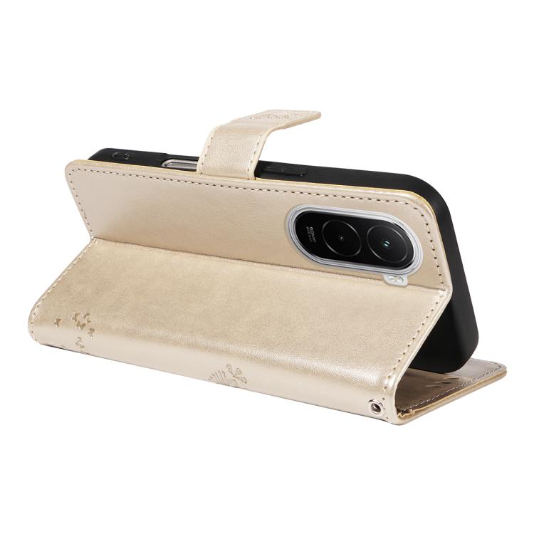 For Xiaomi Poco M7 4G 169mm Tree & Cat Embossed Pattern Flip Leather Phone Case