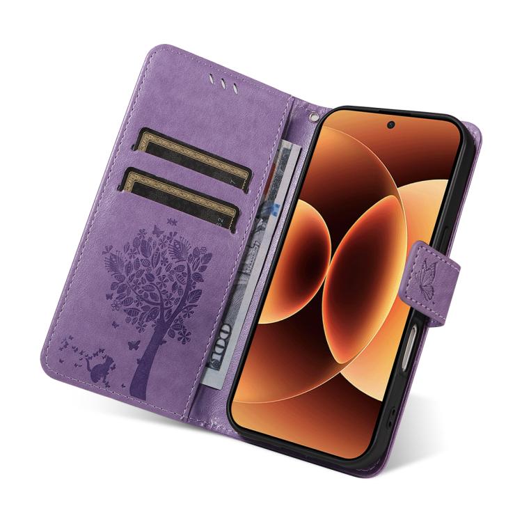 For Xiaomi 17 Pro Max Tree & Cat Embossed Pattern Flip Leather Phone Case