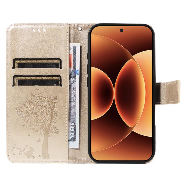 For Xiaomi 17 Pro Max Tree & Cat Embossed Pattern Flip Leather Phone Case