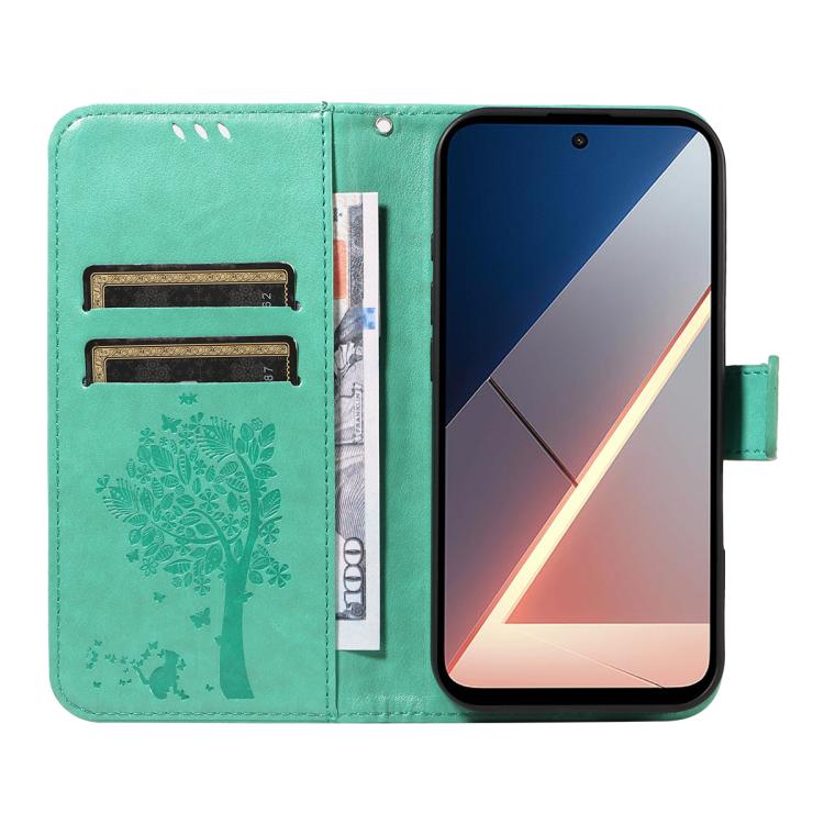 For Xiaomi Poco M7 4G 171mm Tree & Cat Embossed Pattern Flip Leather Phone Case