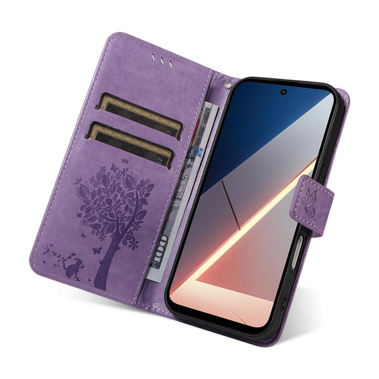 For Xiaomi Poco M7 4G 171mm Tree & Cat Embossed Pattern Flip Leather Phone Case