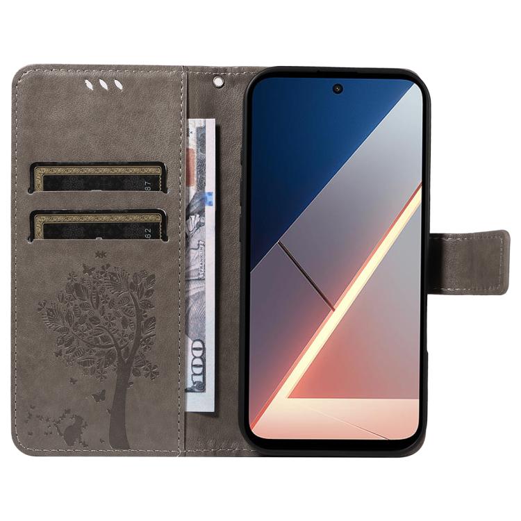 For Xiaomi Poco M7 4G 171mm Tree & Cat Embossed Pattern Flip Leather Phone Case