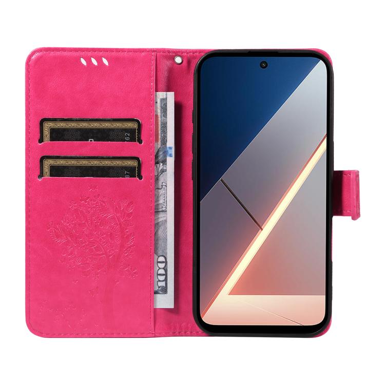 For Xiaomi Poco M7 4G 171mm Tree & Cat Embossed Pattern Flip Leather Phone Case