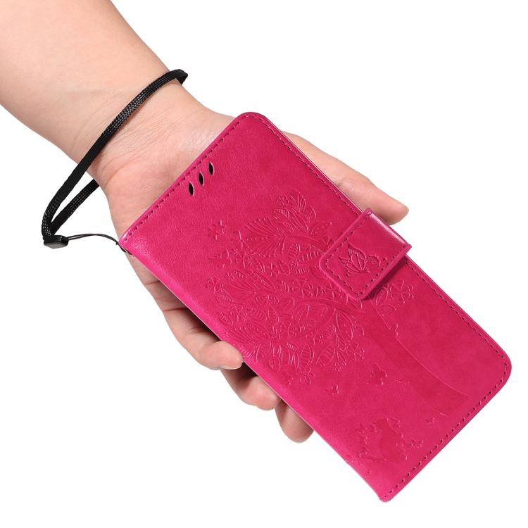 For Xiaomi Poco M7 4G 171mm Tree & Cat Embossed Pattern Flip Leather Phone Case