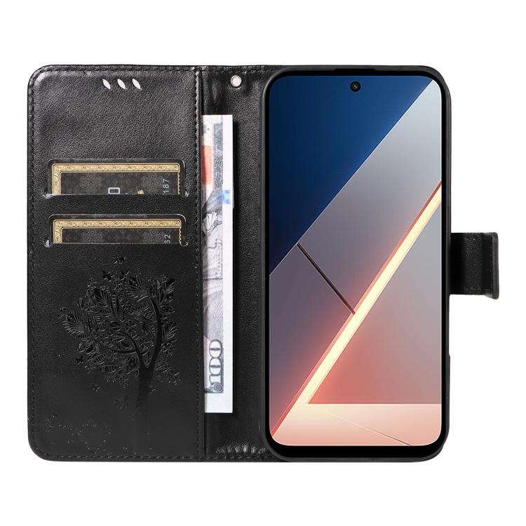 For Xiaomi Poco M7 4G 171mm Tree & Cat Embossed Pattern Flip Leather Phone Case