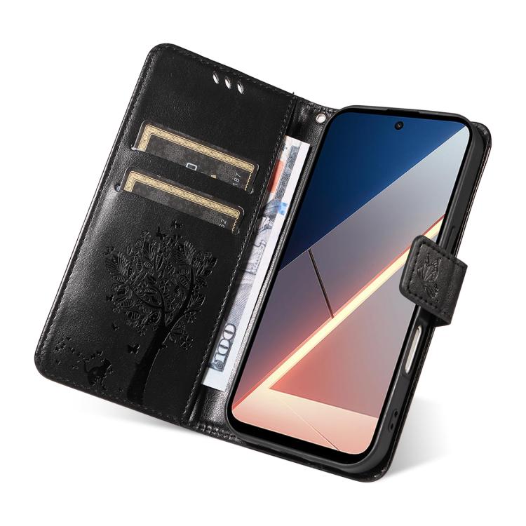 For Xiaomi Poco M7 4G 171mm Tree & Cat Embossed Pattern Flip Leather Phone Case