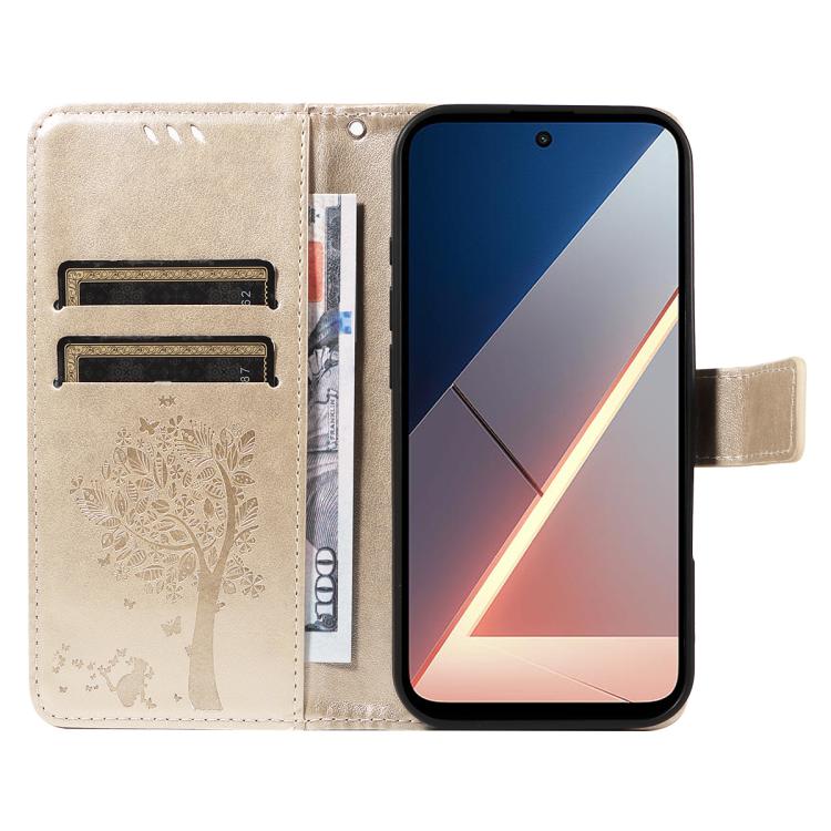 For Xiaomi Poco M7 4G 171mm Tree & Cat Embossed Pattern Flip Leather Phone Case