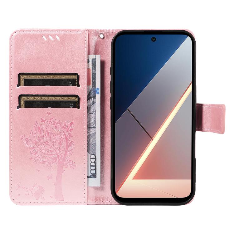 For Xiaomi Poco M7 4G 171mm Tree & Cat Embossed Pattern Flip Leather Phone Case