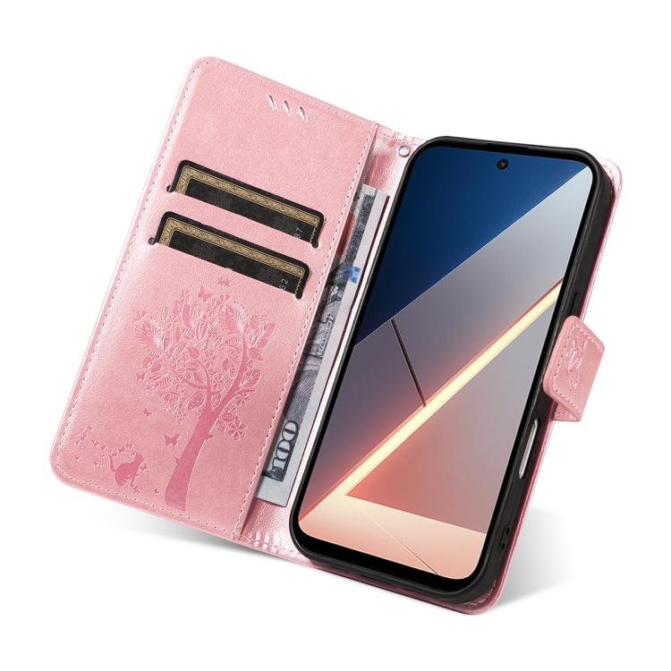 For Xiaomi Poco M7 4G 171mm Tree & Cat Embossed Pattern Flip Leather Phone Case
