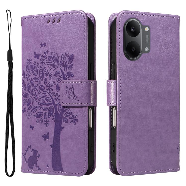 For Xiaomi Poco X8 Pro Max 5G Tree & Cat Embossed Pattern Flip Leather Phone Case